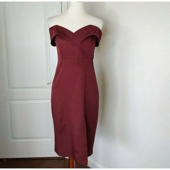 Lulu's Dress sz M Burgundy Bodycon Off Shoulders Classic Glam Slit Cocktail NEW - Picture 3 of 9